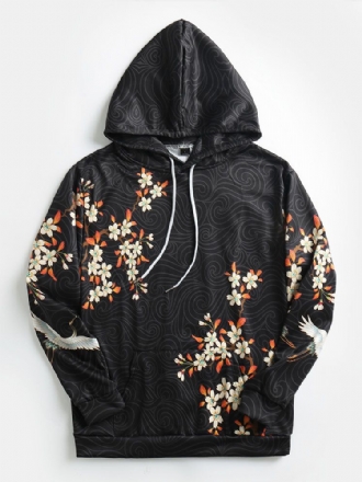 Hoodies I Etnisk Stil Med Vit Kran Med Blommor För Män