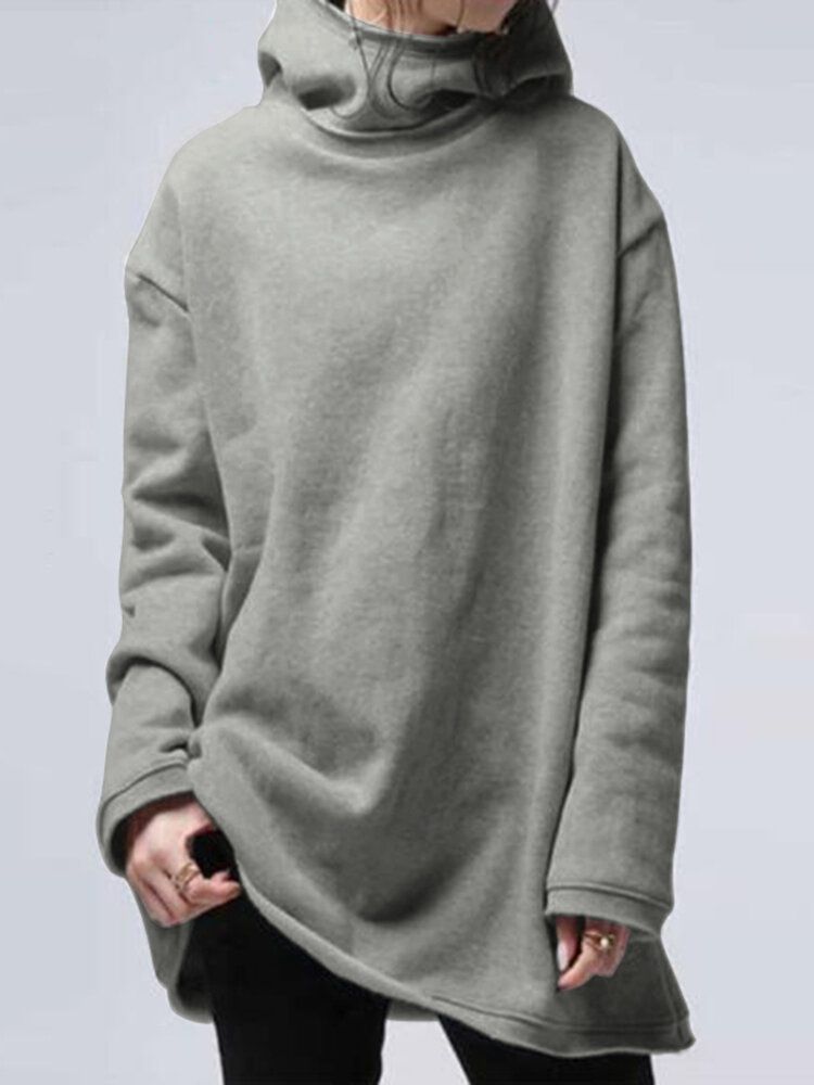 Huva Casual Lös Lång Turn-down-krage Enfärgade Sweatshirts För Kvinnor