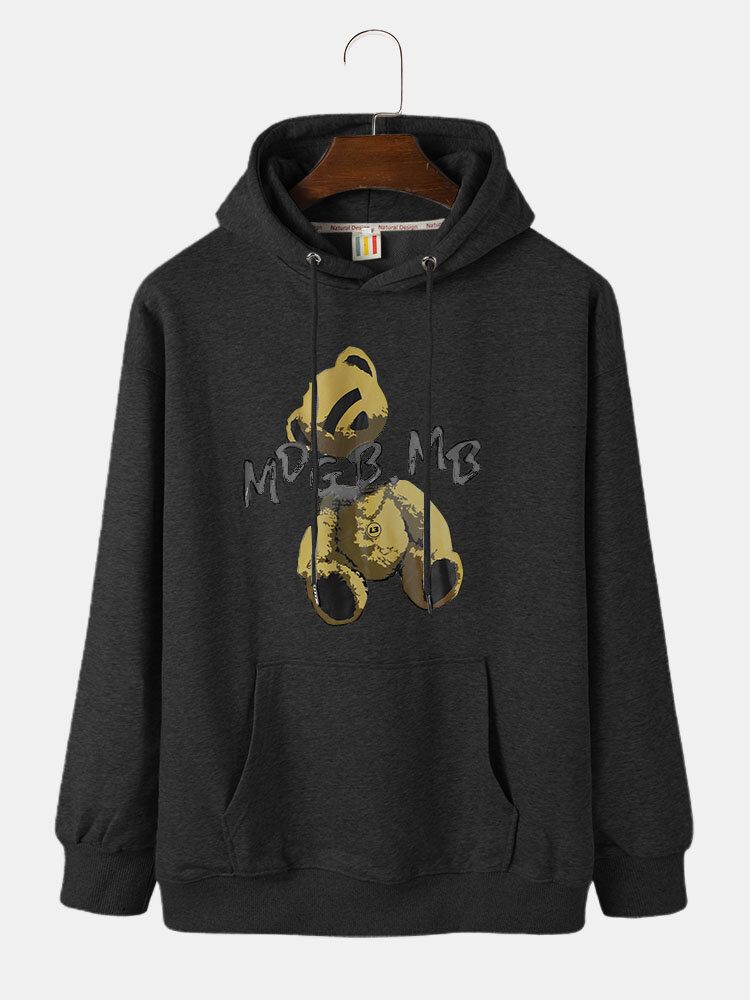 Kangaroo Pocket Preppy Bear Hoodies Med Tryck För Män