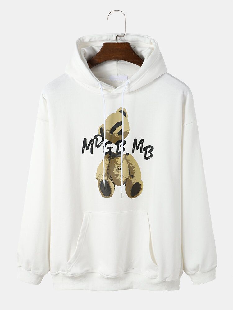 Kangaroo Pocket Preppy Bear Hoodies Med Tryck För Män