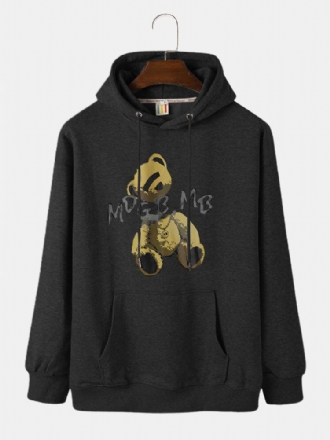 Kangaroo Pocket Preppy Bear Hoodies Med Tryck För Män