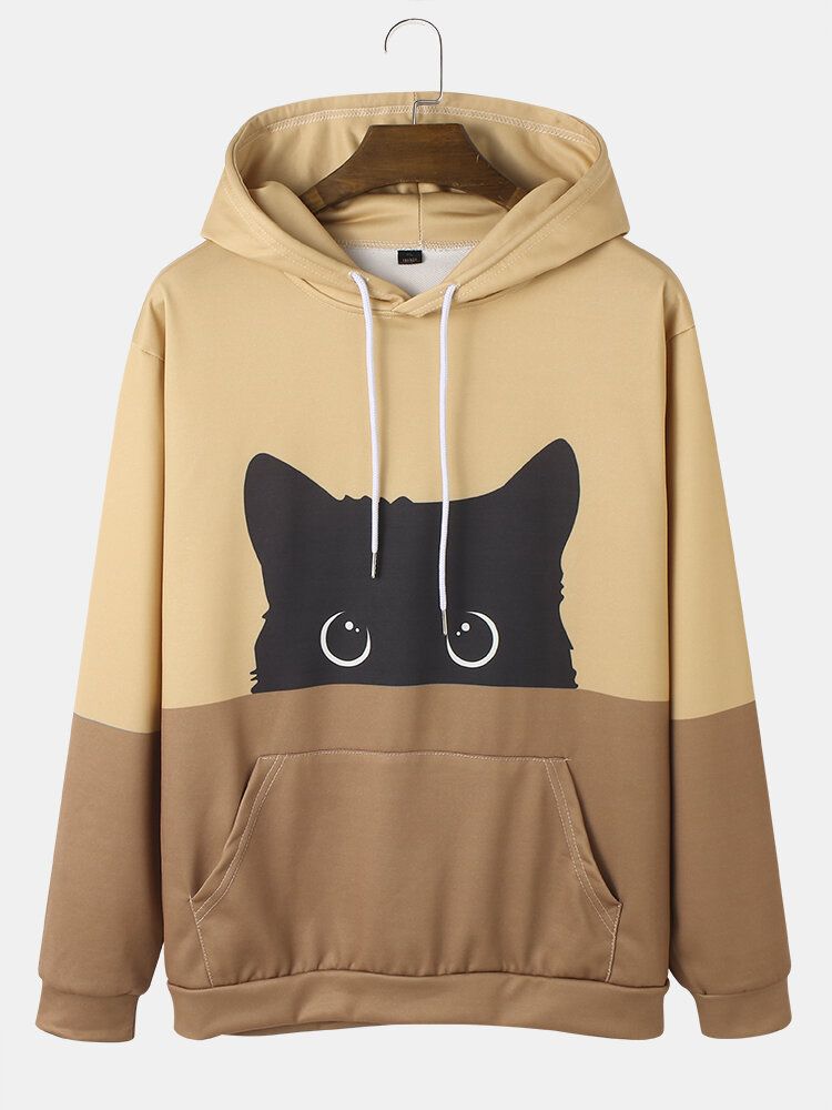 Kontrastfärger För Män Tecknad Katttryck Söta Långärmade Hoodies