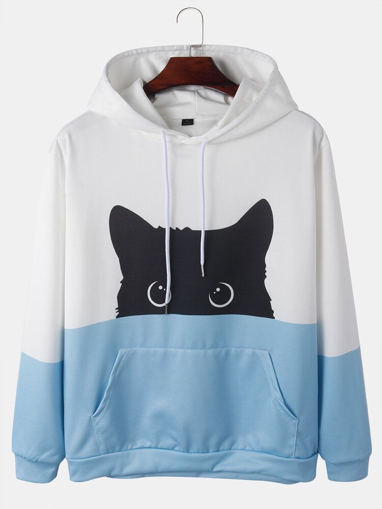 Kontrastfärger För Män Tecknad Katttryck Söta Långärmade Hoodies