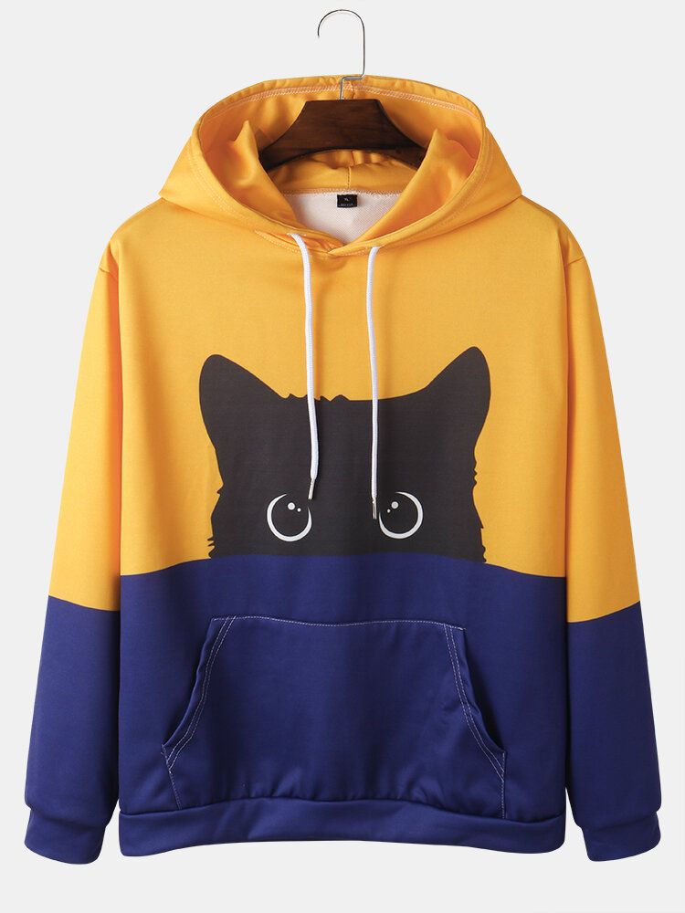 Kontrastfärger För Män Tecknad Katttryck Söta Långärmade Hoodies