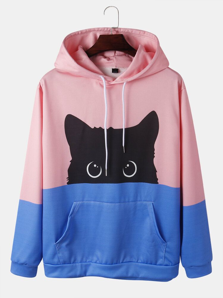 Kontrastfärger För Män Tecknad Katttryck Söta Långärmade Hoodies