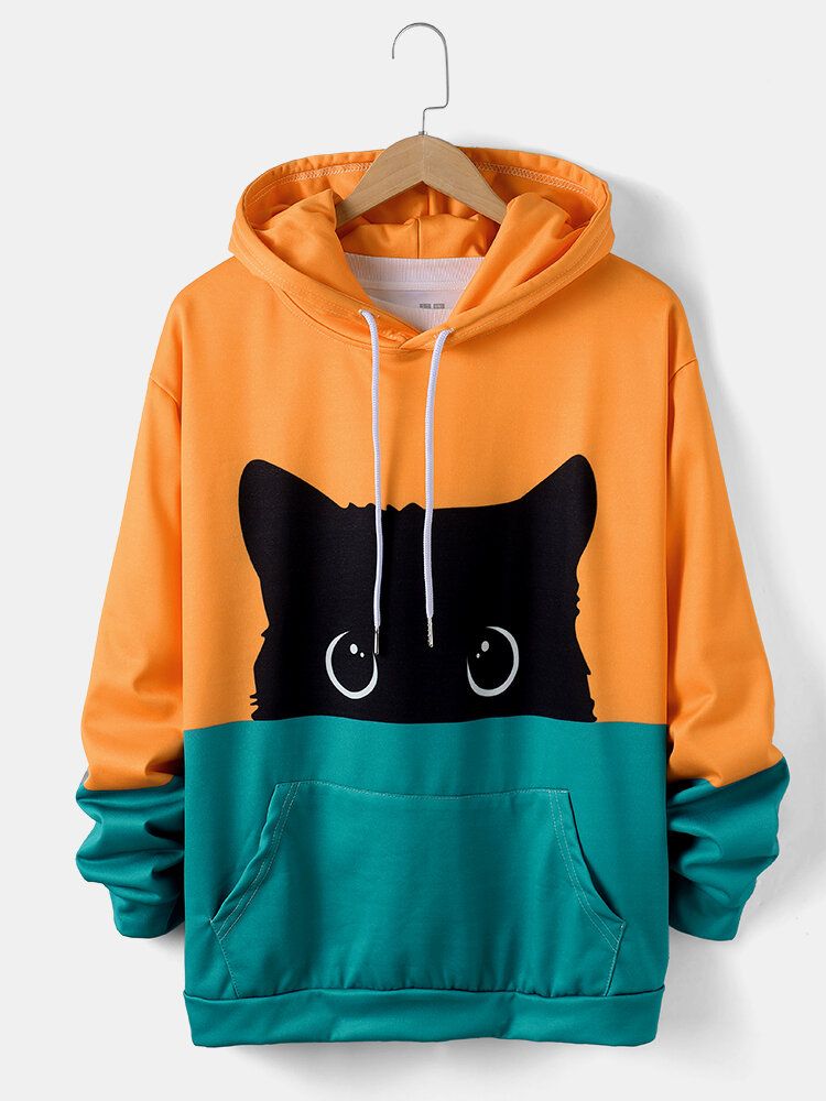 Kontrastfärger För Män Tecknad Katttryck Söta Långärmade Hoodies