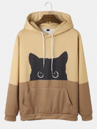 Kontrastfärger För Män Tecknad Katttryck Söta Långärmade Hoodies