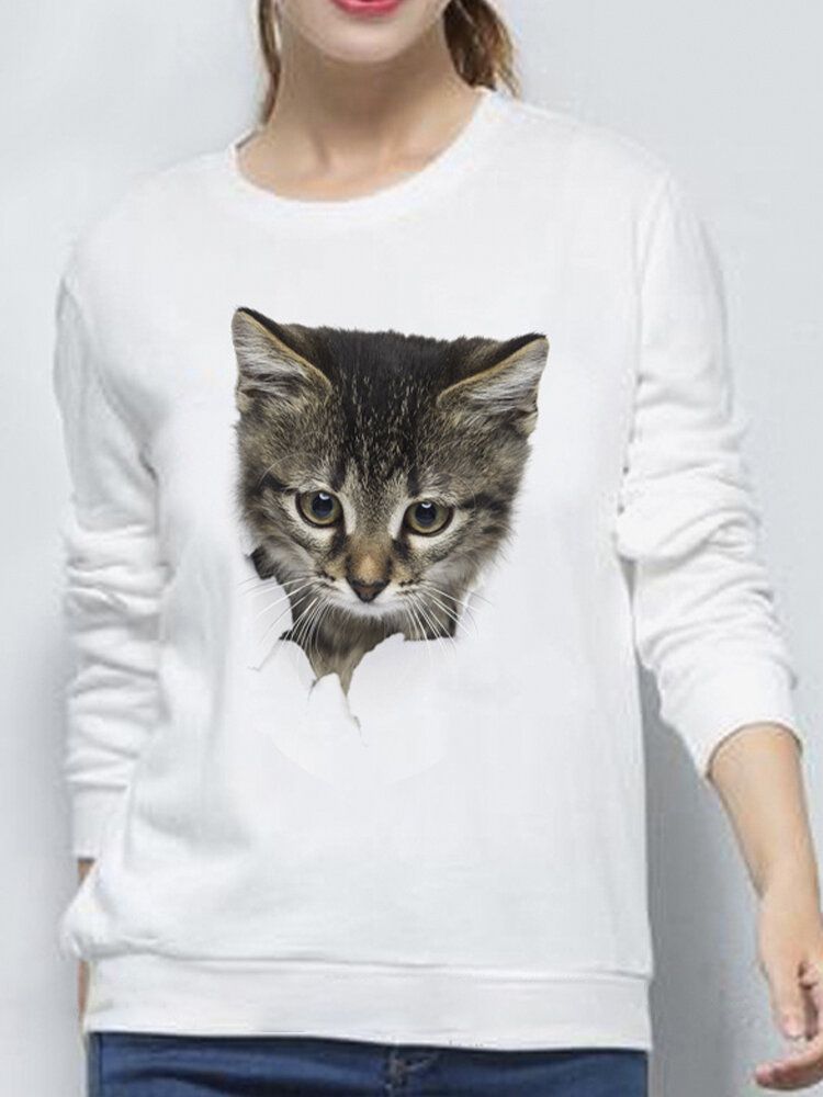 Kvinnor 3d Söt Liten Katt Print Crew Neck Casual Enkel Långärmad Tröja