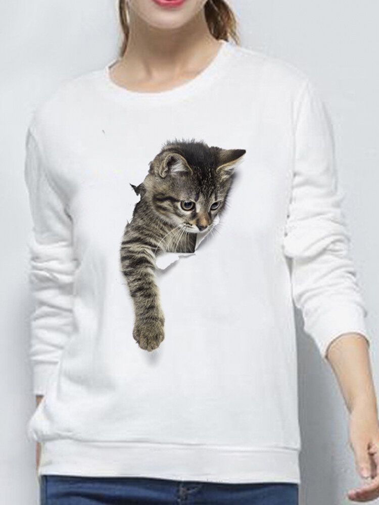 Kvinnor 3d Söt Liten Katt Print Crew Neck Casual Enkel Långärmad Tröja