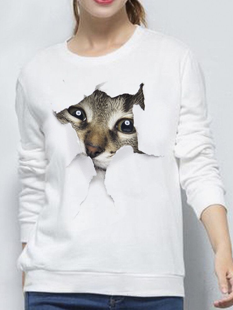 Kvinnor 3d Söt Liten Katt Print Crew Neck Casual Enkel Långärmad Tröja