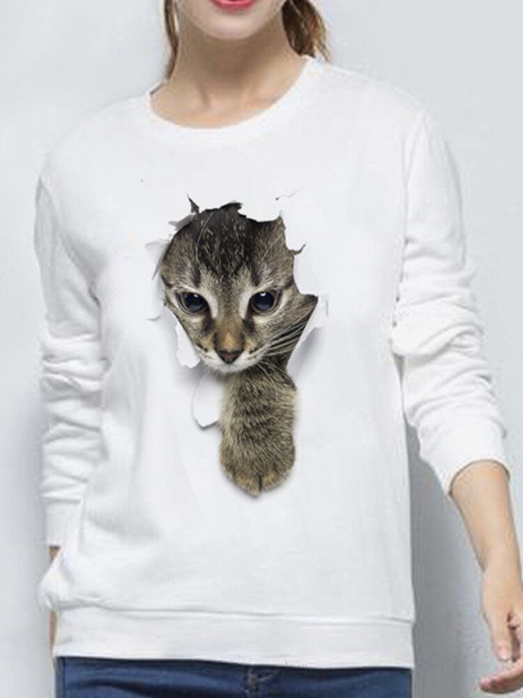 Kvinnor 3d Söt Liten Katt Print Crew Neck Casual Enkel Långärmad Tröja