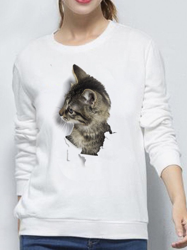 Kvinnor 3d Söt Liten Katt Print Crew Neck Casual Enkel Långärmad Tröja