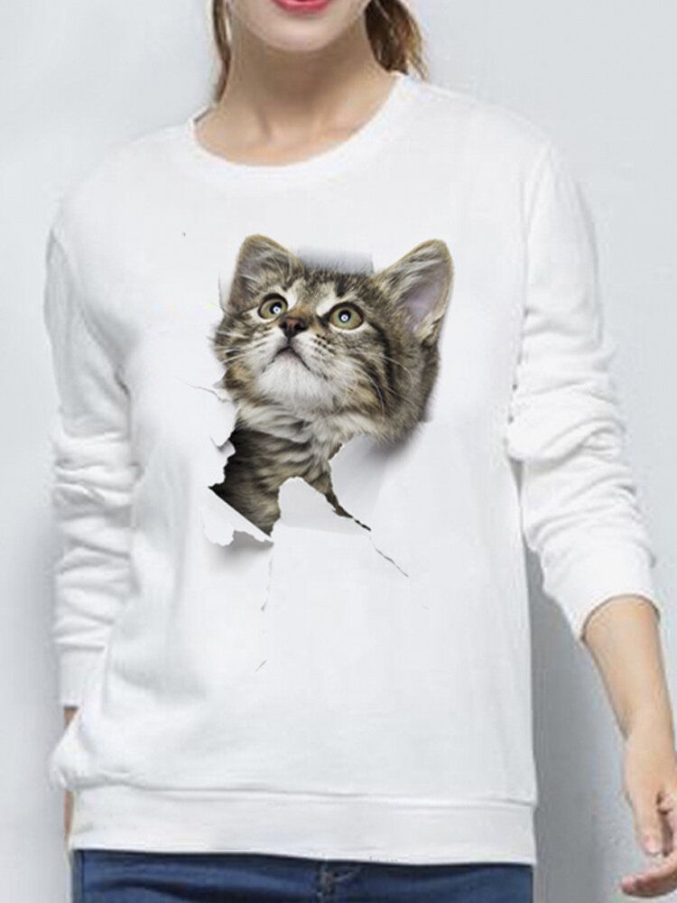 Kvinnor 3d Söt Liten Katt Print Crew Neck Casual Enkel Långärmad Tröja