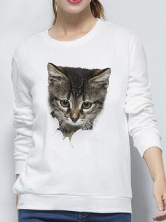 Kvinnor 3d Söt Liten Katt Print Crew Neck Casual Enkel Långärmad Tröja