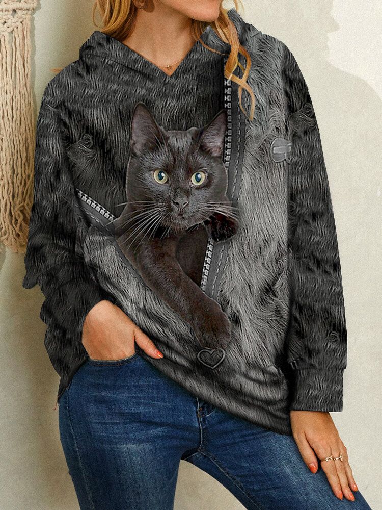 Kvinnor Cartoon Black Cat Print Långärmad Casual Hoodies