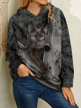 Kvinnor Cartoon Black Cat Print Långärmad Casual Hoodies