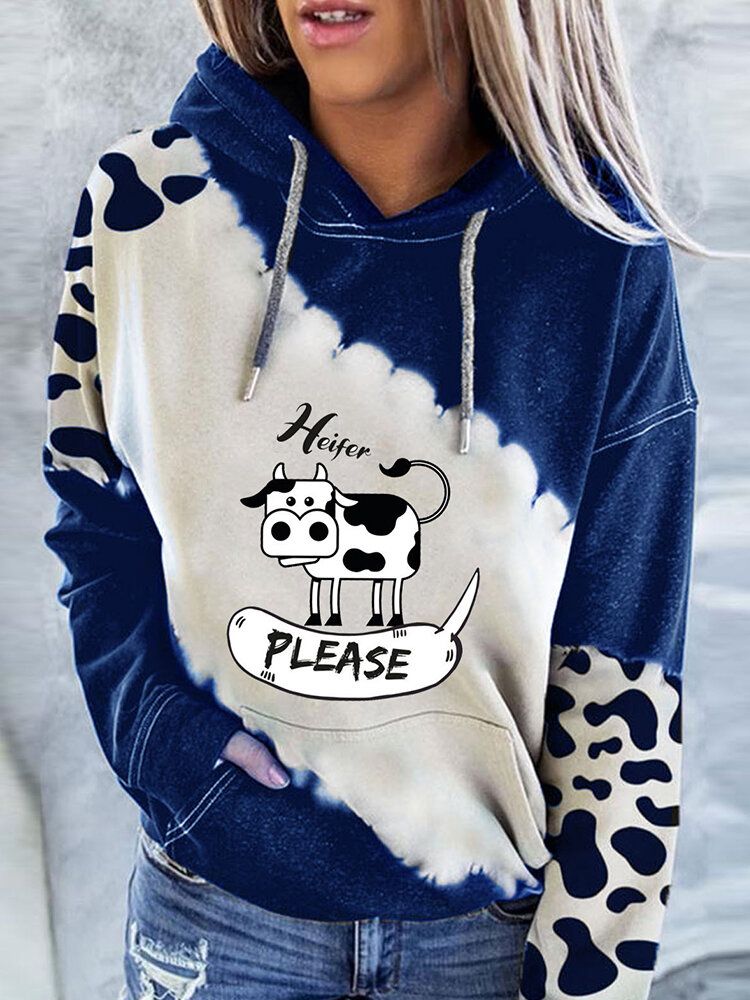 Kvinnor Cartoon Cow Kontrasttryck Långärmad Casual Hoodies Med Dragsko