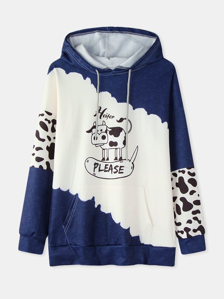 Kvinnor Cartoon Cow Kontrasttryck Långärmad Casual Hoodies Med Dragsko