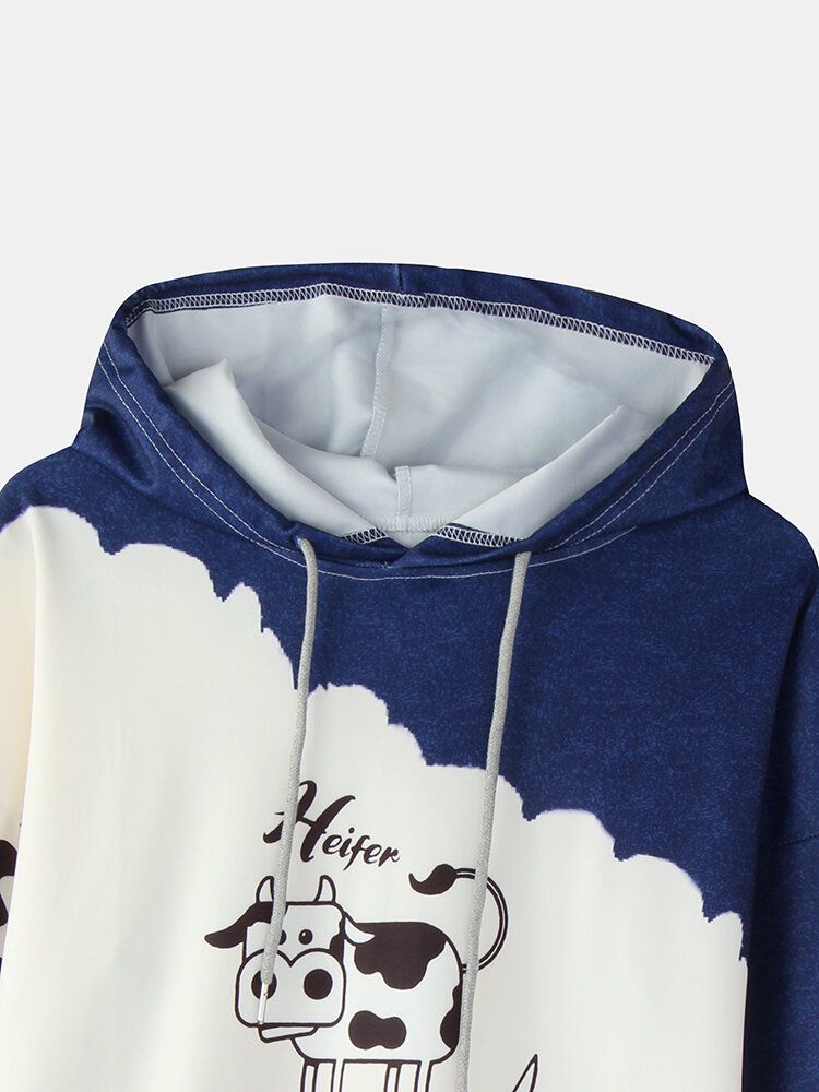 Kvinnor Cartoon Cow Kontrasttryck Långärmad Casual Hoodies Med Dragsko