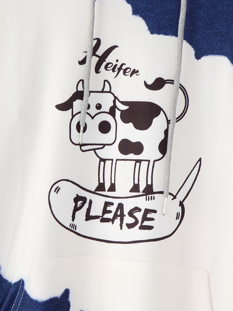 Kvinnor Cartoon Cow Kontrasttryck Långärmad Casual Hoodies Med Dragsko