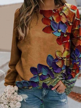 Kvinnor Färgglada Blommönster Långärmad O-ringad Casual Sweatshirt