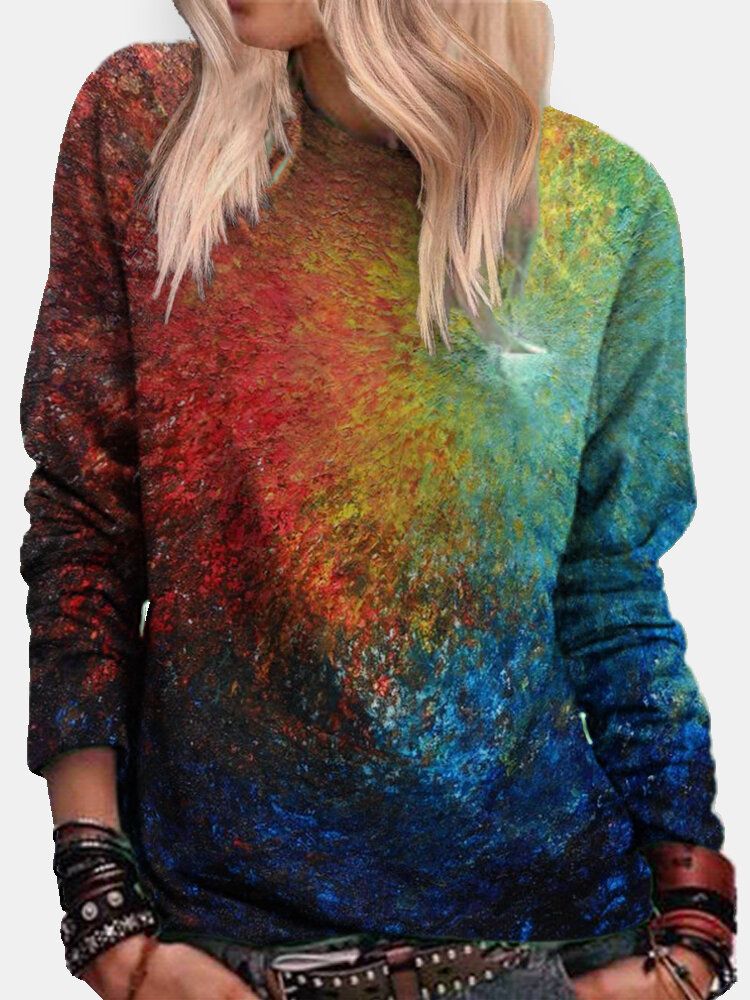 Kvinnor Färgglada Tie-dye Tryck O-ringad Casual Långärmad Tröja