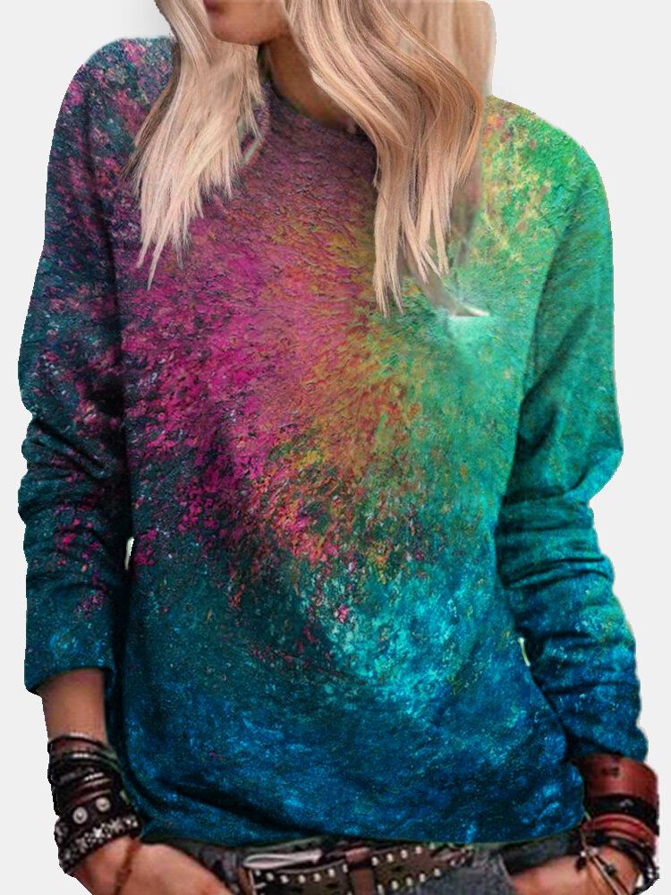 Kvinnor Färgglada Tie-dye Tryck O-ringad Casual Långärmad Tröja