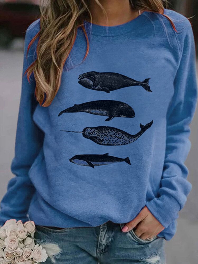 Kvinnor Fish Printing Rundhalsad Casual Raglan Sleeve Sweatshirts