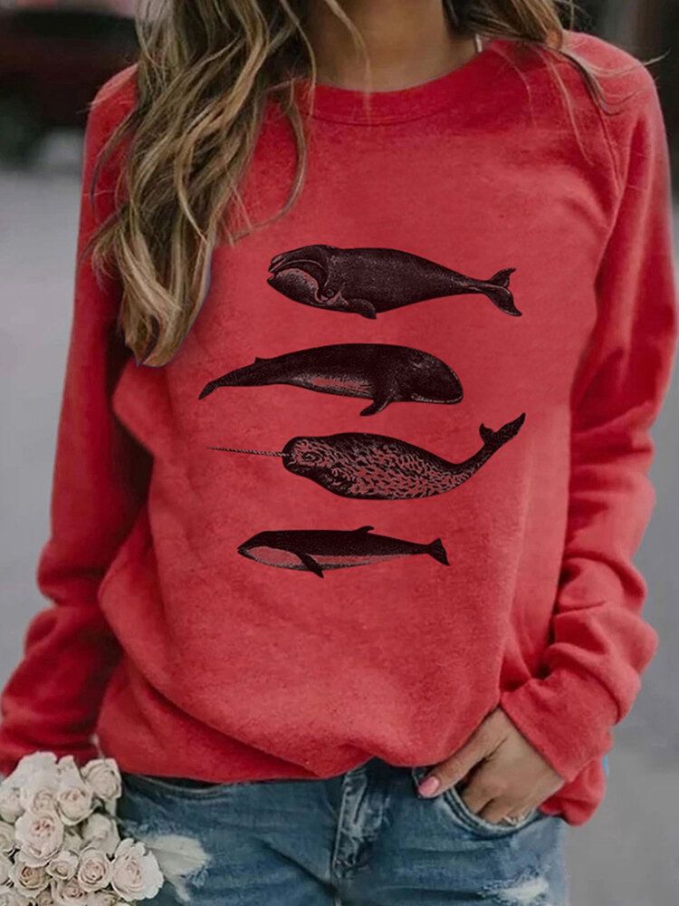 Kvinnor Fish Printing Rundhalsad Casual Raglan Sleeve Sweatshirts