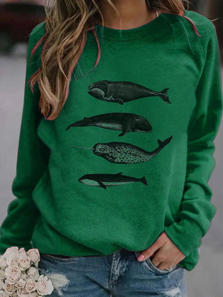 Kvinnor Fish Printing Rundhalsad Casual Raglan Sleeve Sweatshirts