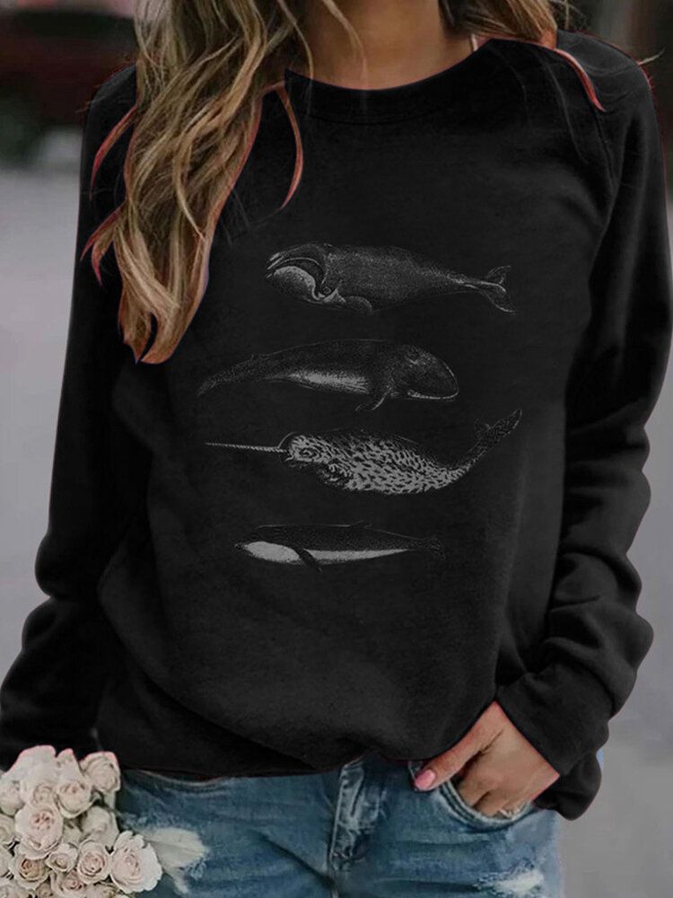 Kvinnor Fish Printing Rundhalsad Casual Raglan Sleeve Sweatshirts