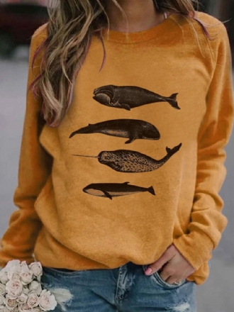 Kvinnor Fish Printing Rundhalsad Casual Raglan Sleeve Sweatshirts