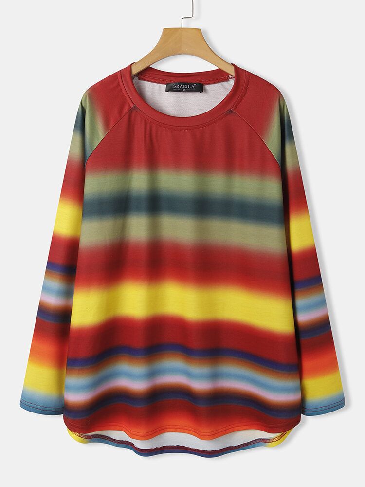 Kvinnor Flerfärgad Ombre Randig O-ringad Raglan Ärm Casual Sweatshirts