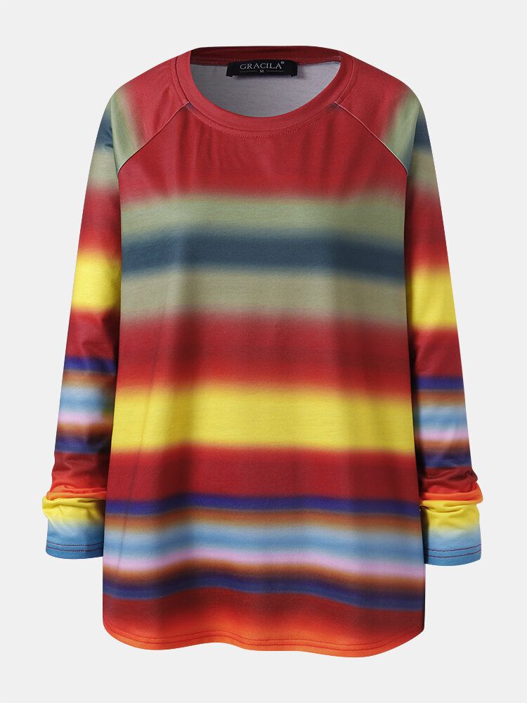 Kvinnor Flerfärgad Ombre Randig O-ringad Raglan Ärm Casual Sweatshirts