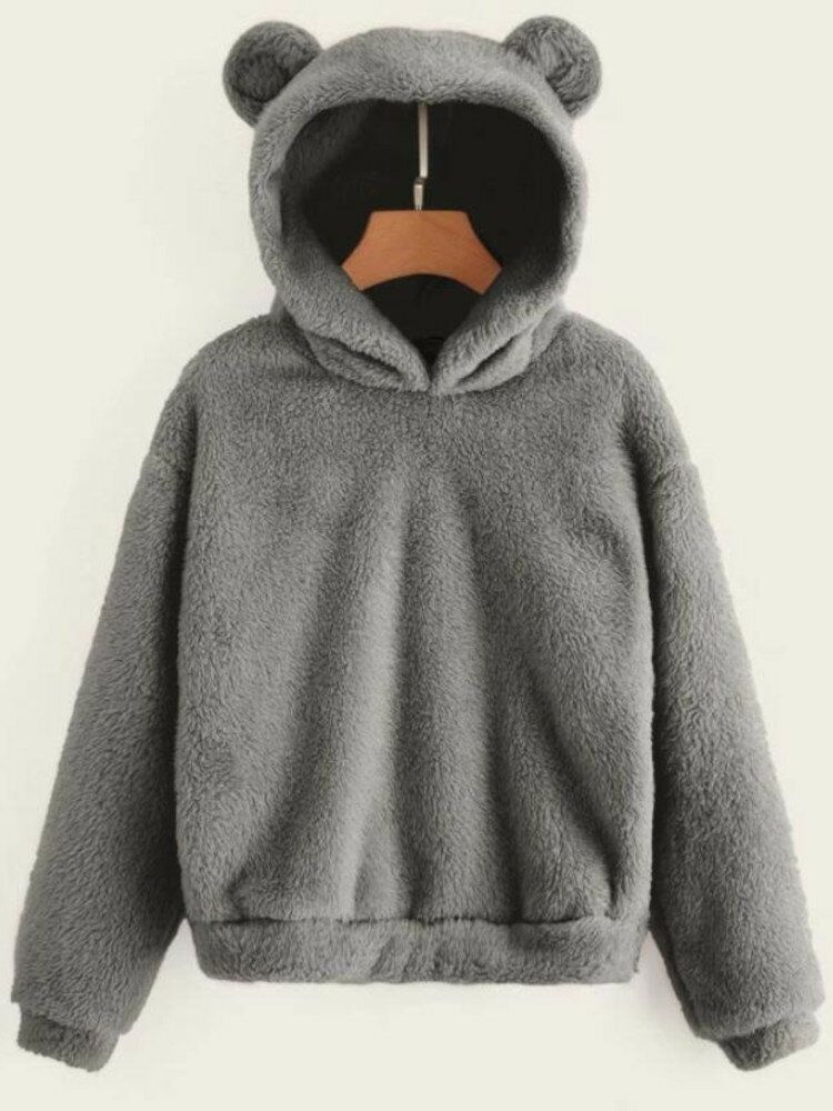 Kvinnor Fluffiga Kaniner Öron Solid Cartoon Söt Hooded Patchwork Långärmad Casual Sweatshirt