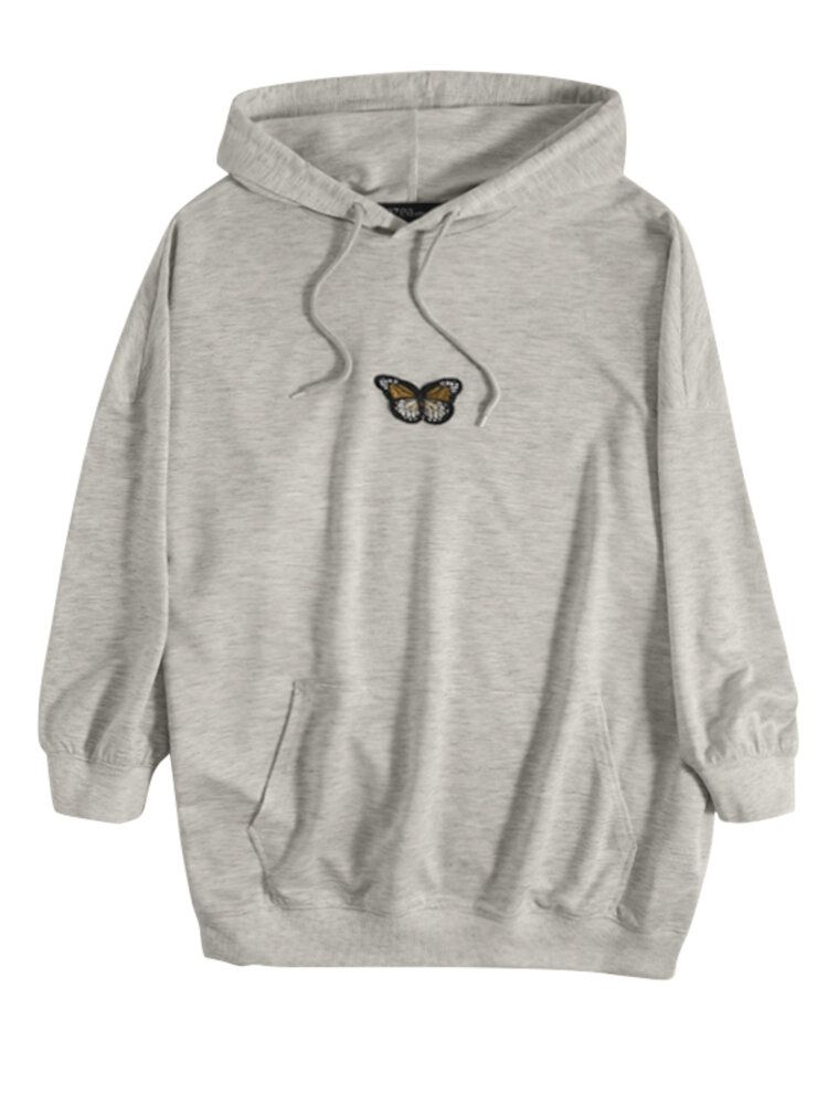 Kvinnor Hood Puff Sleeve Loose Butterfly Brodery Printed Hoodie