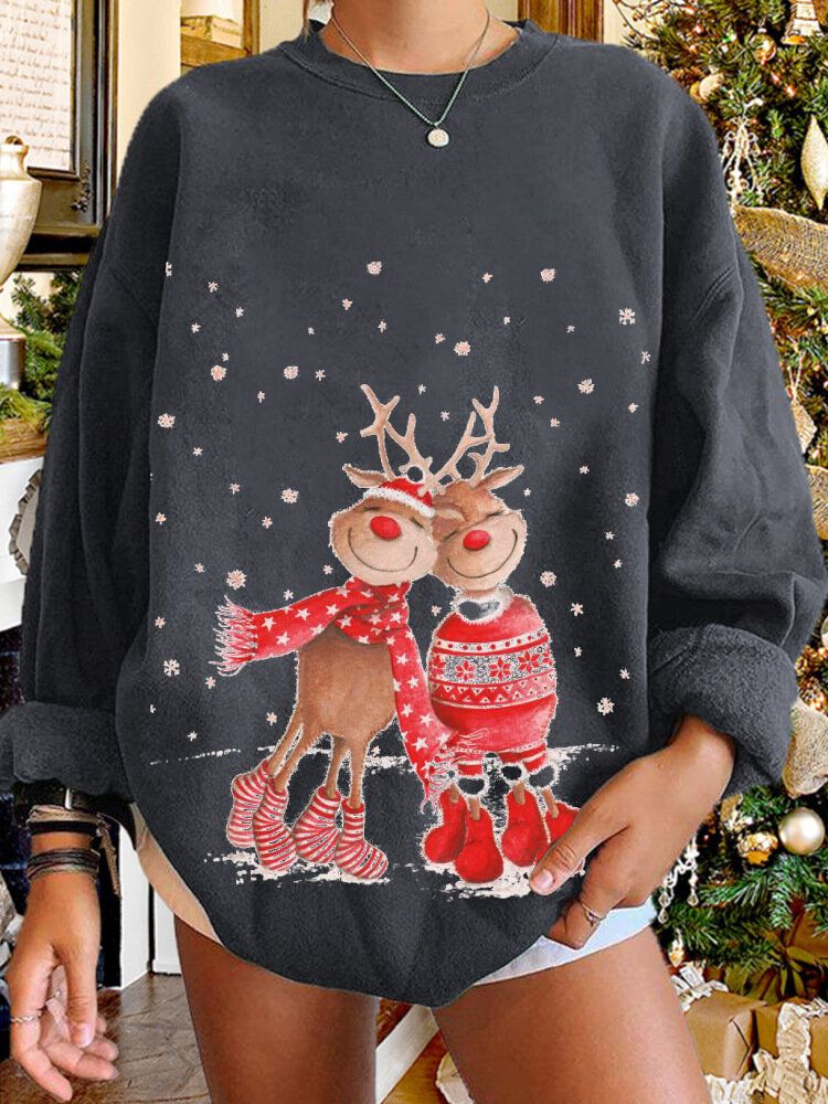 Kvinnor Jul Älg Cartoon Cerf Snow Print Casual O-ringad Lös Casual Pullover Sweatshirt