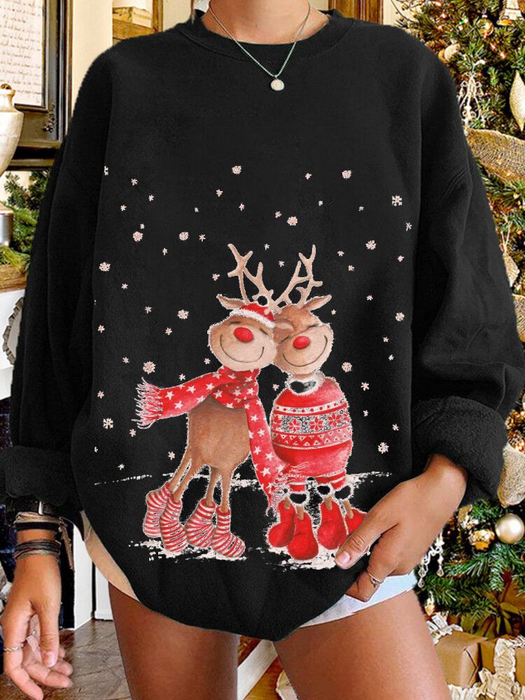 Kvinnor Jul Älg Cartoon Cerf Snow Print Casual O-ringad Lös Casual Pullover Sweatshirt