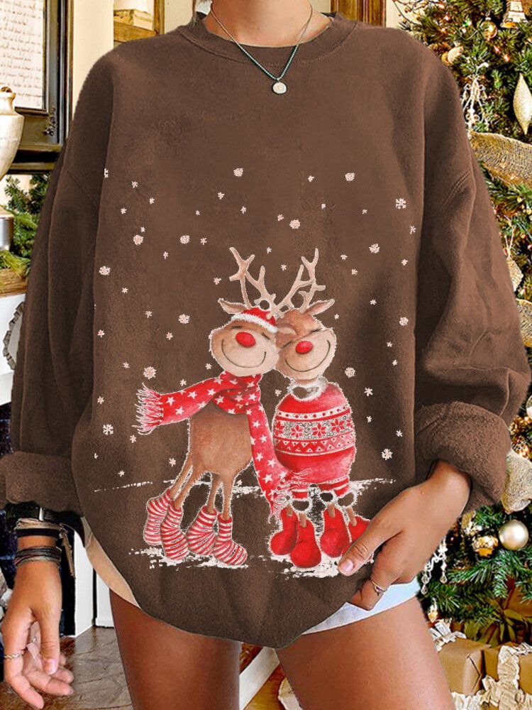 Kvinnor Jul Älg Cartoon Cerf Snow Print Casual O-ringad Lös Casual Pullover Sweatshirt