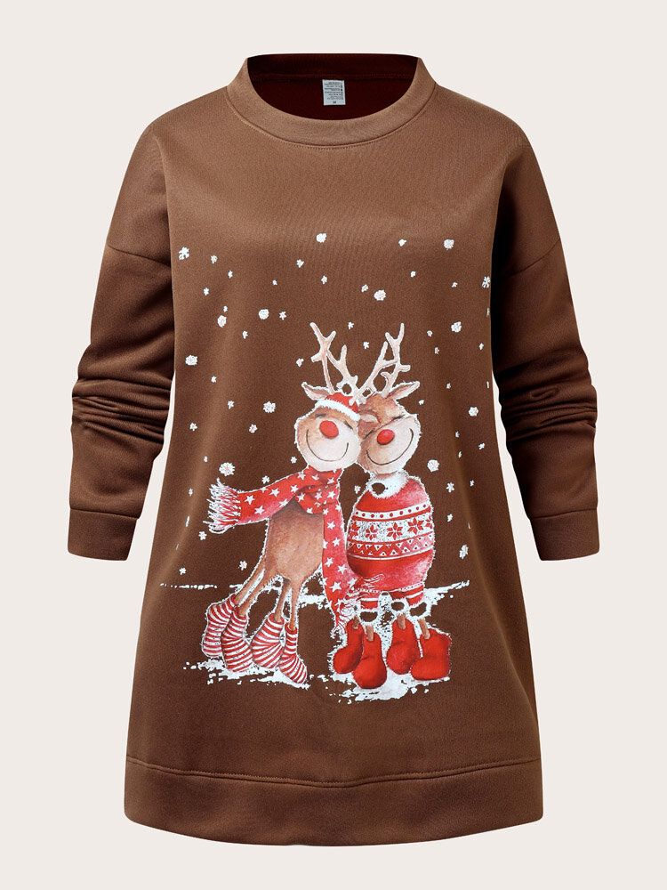 Kvinnor Jul Älg Cartoon Cerf Snow Print Casual O-ringad Lös Casual Pullover Sweatshirt