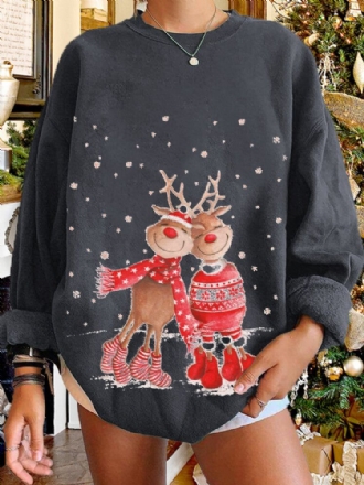 Kvinnor Jul Älg Cartoon Cerf Snow Print Casual O-ringad Lös Casual Pullover Sweatshirt