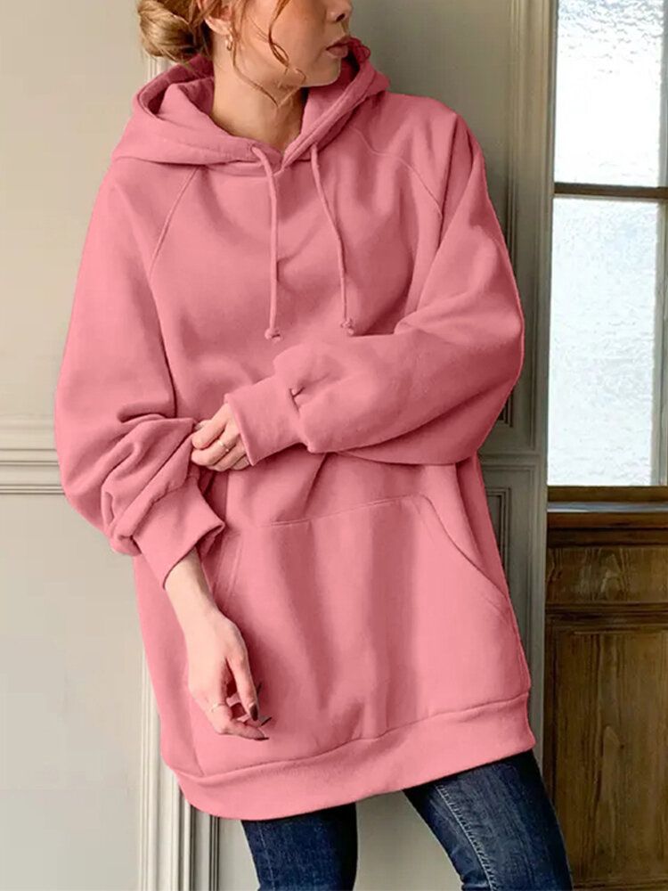 Kvinnor Loose Pocket Raglan Solid Color Långärmad Casual Hood Sweatshirt