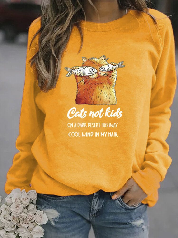 Kvinnor Rolig Tecknad Katttryckt Pullover Långärmad Casual Sweatshirts