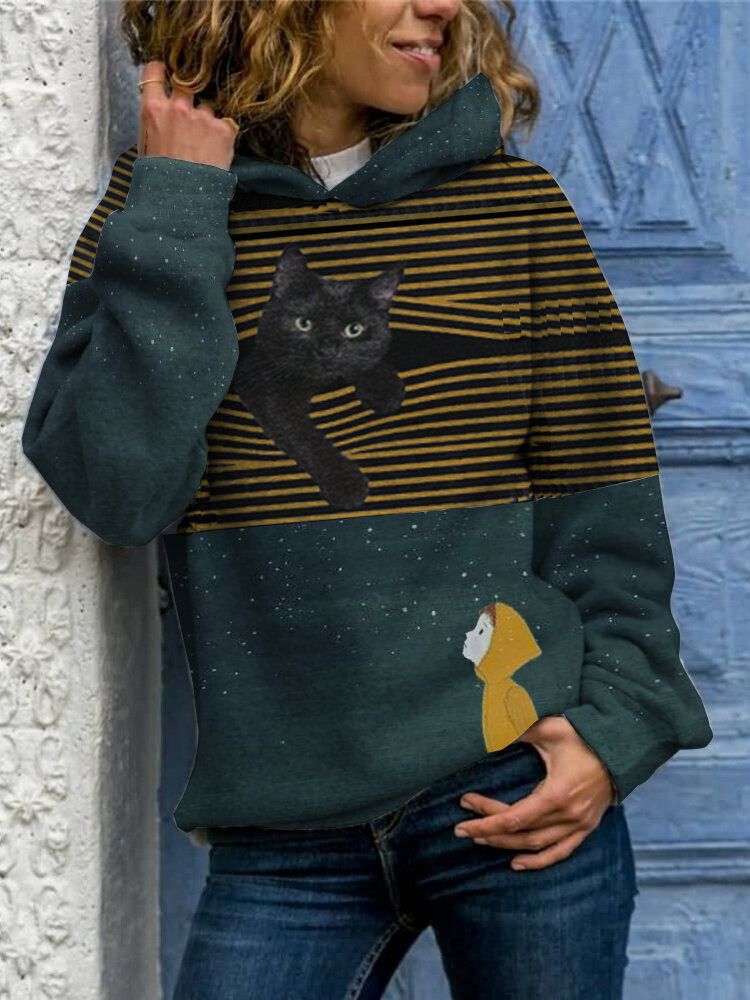 Kvinnor Söt Katt Flicka Print Randig Långärmad Tecknad Hoodies