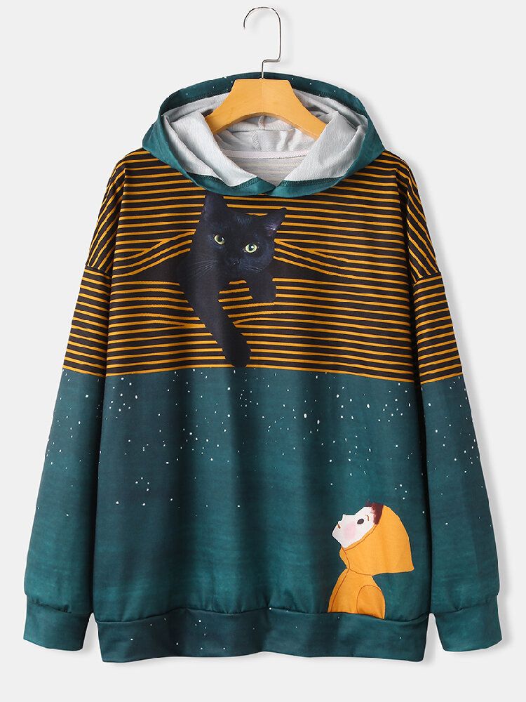 Kvinnor Söt Katt Flicka Print Randig Långärmad Tecknad Hoodies