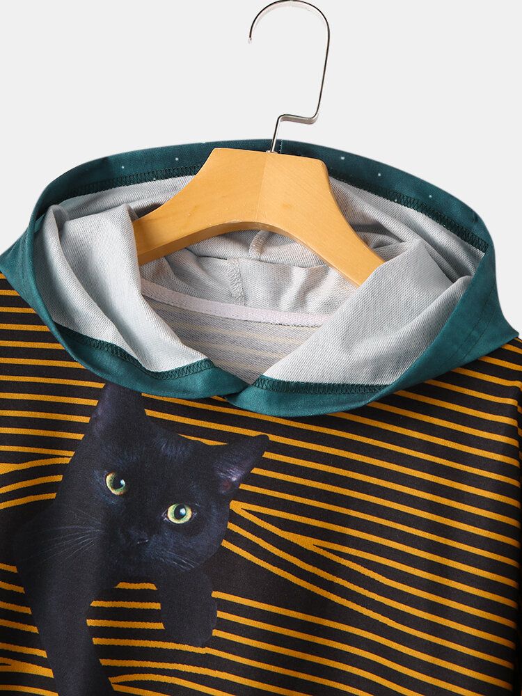 Kvinnor Söt Katt Flicka Print Randig Långärmad Tecknad Hoodies