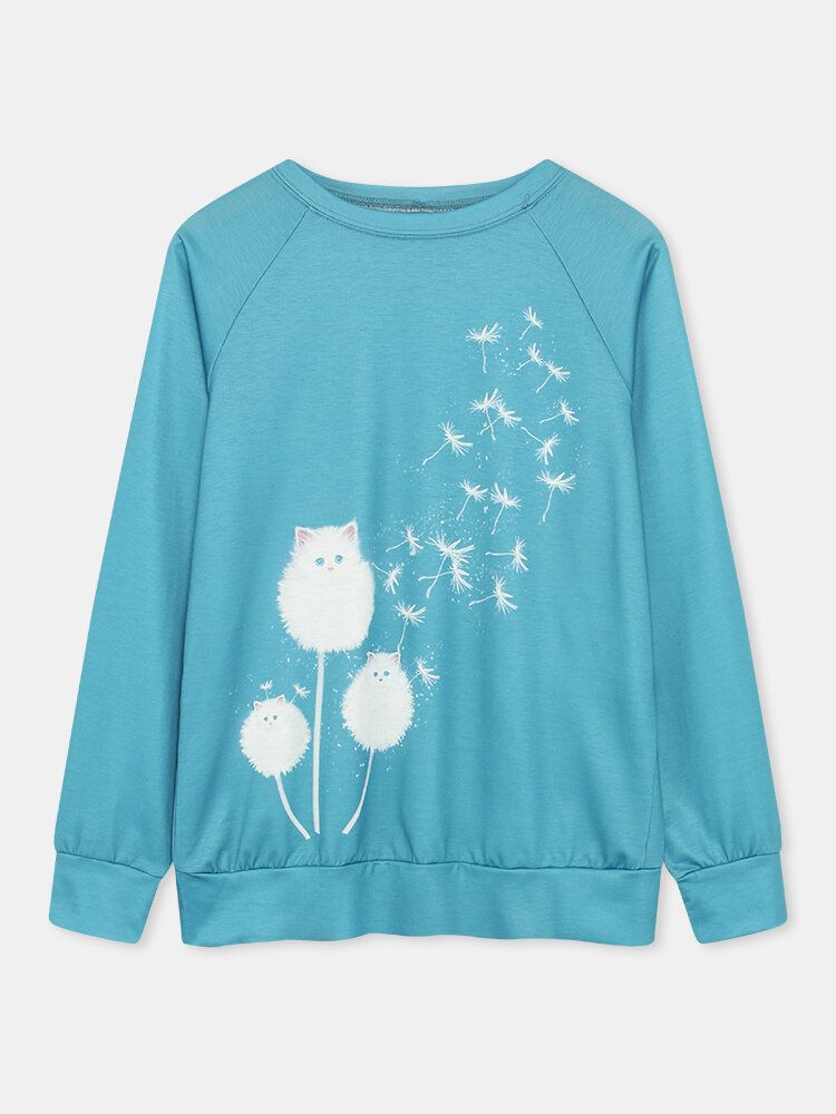 Kvinnor Söt Katt Maskrosor Print Rundhalsad Långärmad Casual Sweatshirt