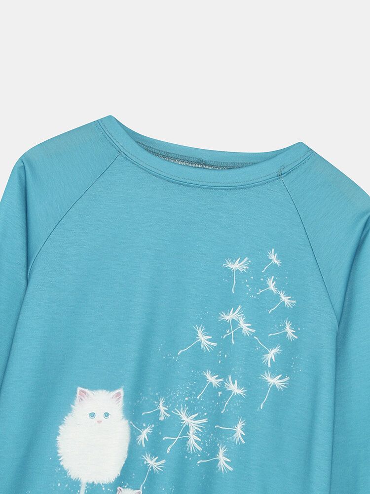 Kvinnor Söt Katt Maskrosor Print Rundhalsad Långärmad Casual Sweatshirt