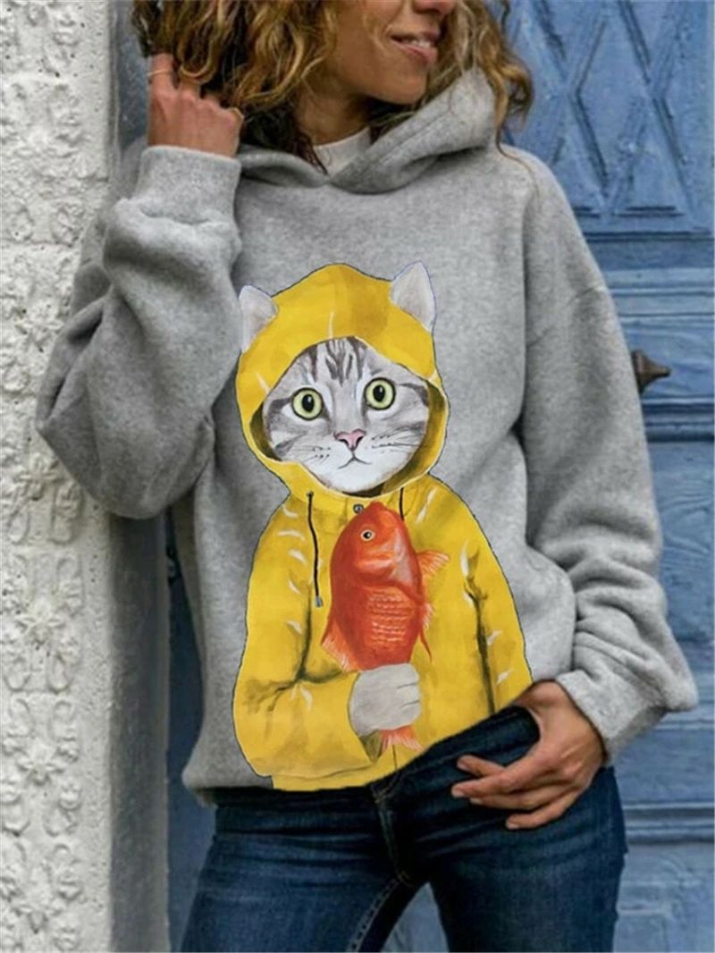 Kvinnor Söt Tecknad Katt Grafiskt Tryck Långärmad Casual Pullover Hoodie