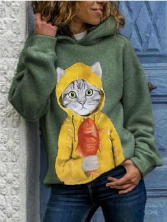 Kvinnor Söt Tecknad Katt Grafiskt Tryck Långärmad Casual Pullover Hoodie